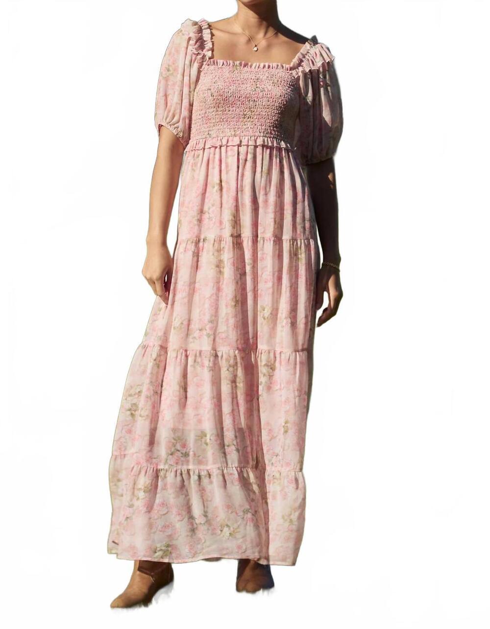 NEW DAVI & DANI smocked bodice maxi dress in floral pink
